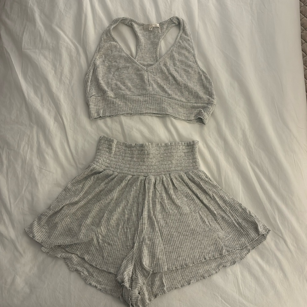 Grey lounge shorts and bra